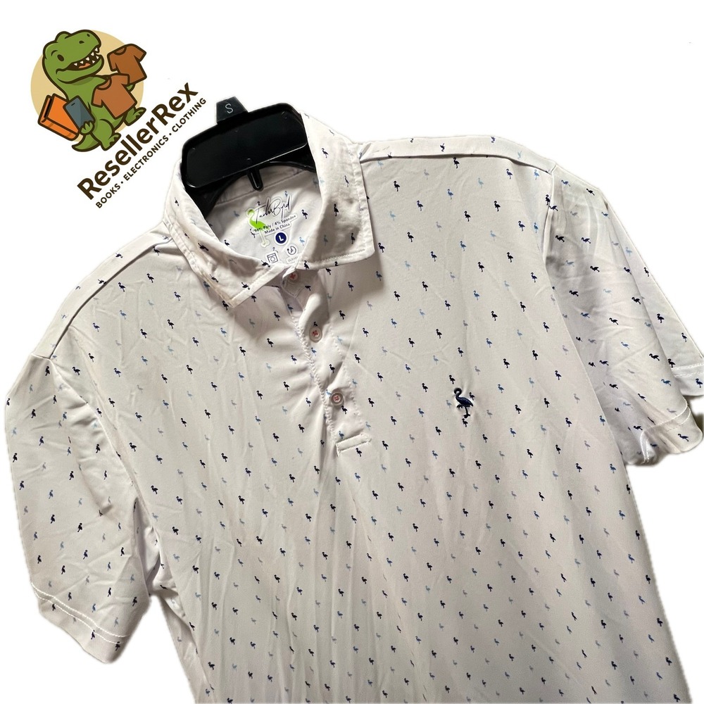 Tailor Byrd‎ Men's White Flamingo Print Golf Polo Shirt Large Quick Dry Wicking